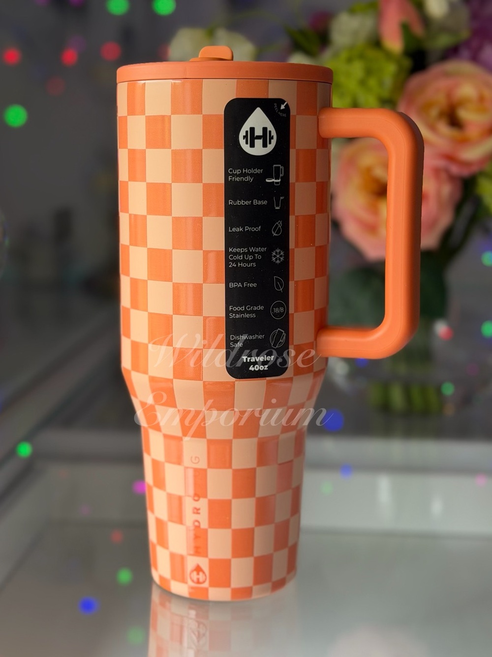HydroJug 40oz traveler tumbler orange checkers NEW
